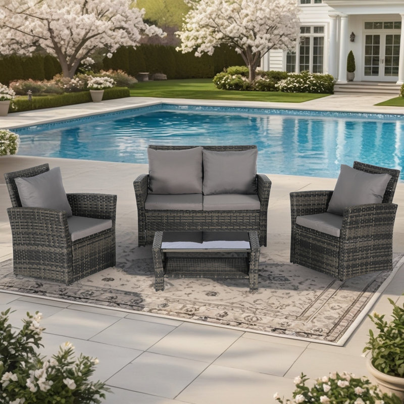 4 Pieces Outdoor Patio Furniture Sets Garden Rattan Chair Wicker Set with Ottoman & Tempered Glass Coffee Table Weather Resistant Cushion