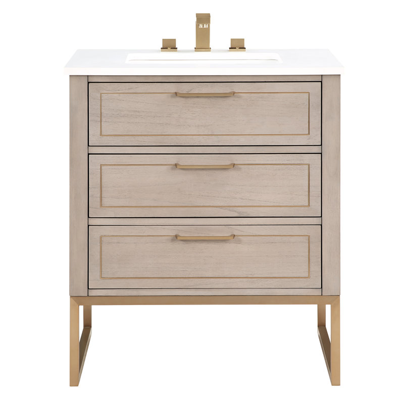 Markham 30'' W Single Vanity, White Quartz, Cashmere Gray, Satin Brass