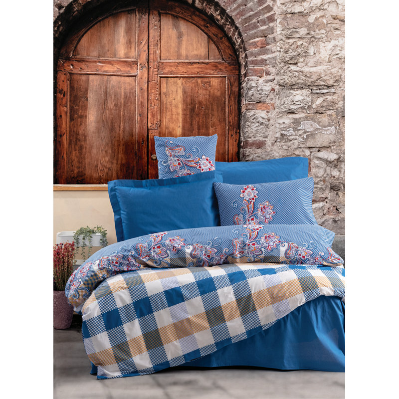 Ensemble de housse de couette 100% coton bleu foncé / beige / blanc Aeilt, Housse de couette 61 po x 87 po + 1 taie d'oreille