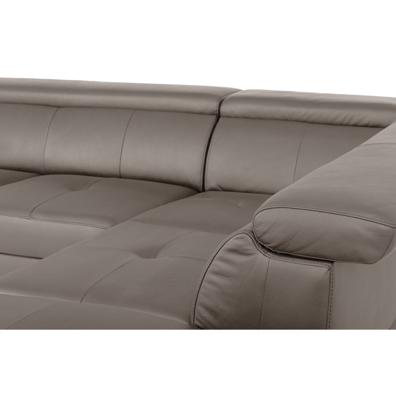 CAPRI Genuine Leather Corner Sofa with Pull-Out Bed and Storage and Adjustable Headrests, Right Hand Facing, Grey