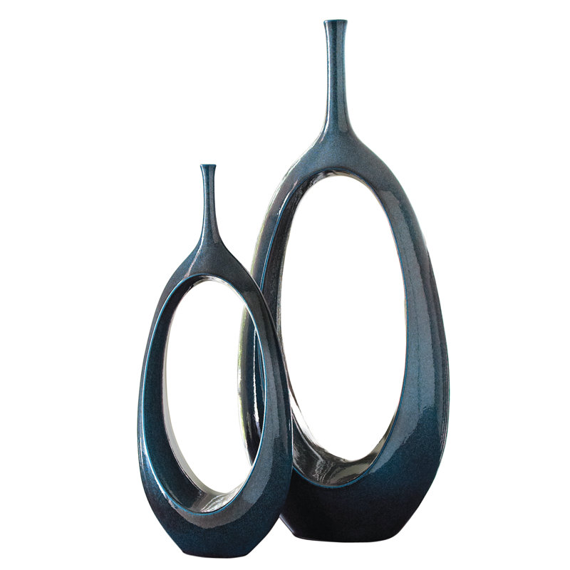 Celestial Dark Teal Ceramic Oval Ring Table Vase