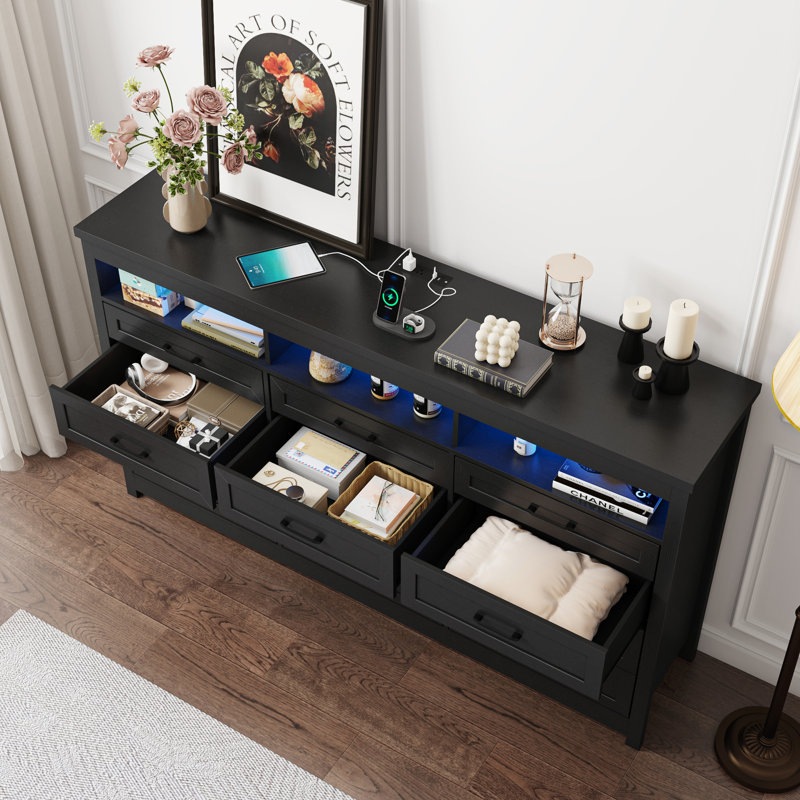 70.87" Farmhouse 12 Drawer Dresser, Long Dresser TV Stand With LED Lights & Charging Station, Chest Of Drawers, Black