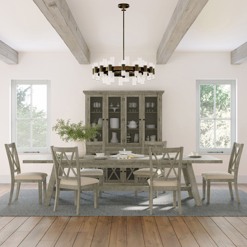 Fahrettin Extendable Pine Solid Wood Top Trestle Base Dining Set, Driftwood Gray, 7 Pieces: Table, 6 Chairs