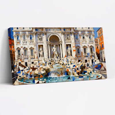 "Trevi Fountain Rome", reproduction d'art sur toile tendue sur toile avec motif géométrique et style aquarelle pour le salon ou la chambre à coucher