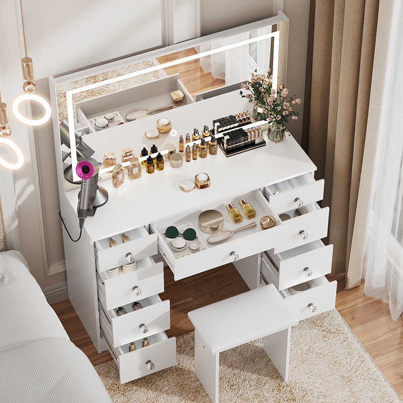 Greyden Vanity Set With LED Mirror & Power Outlets, 9 Drawers with Diamond Handles, White