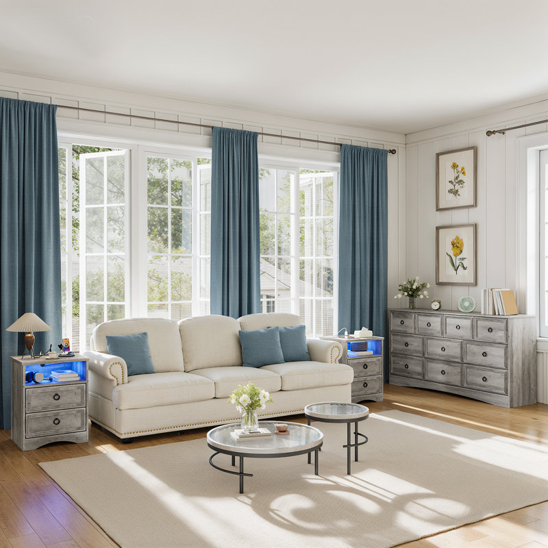 Ensemble de commode 3 pièces - commode 10 tiroirs et deux tables de chevet 2 tiroirs avec station de charge, gris délavé