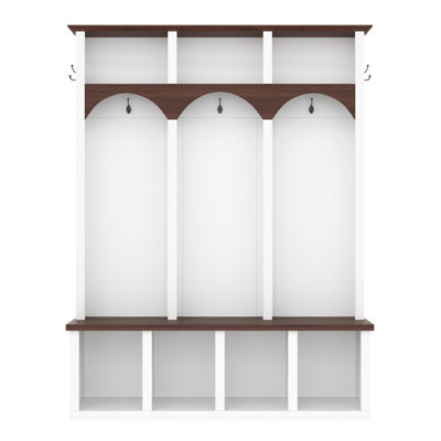 Farmhouse White Wooden Hall Tree With Storage Bench, 5 Hooks & 7 Cubbies, Durable Mdf & Particle Board, Perfect For Entryway Or Mudroom