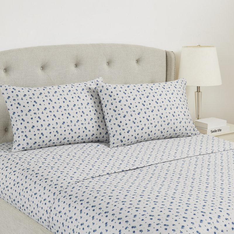 Blue Floral Print Microfiber Full Sheet Set
