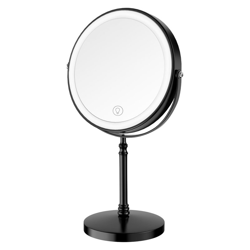 Miroir de maquillage lumineux rotatif 360 °, miroir de coiffeuse à double face rechargeable 3000 mAh, Noir