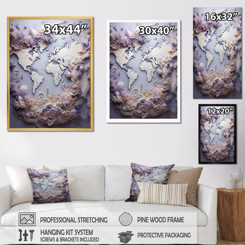 " Ethereal Lavender World Map ", Gold Single Picture Framed, 32" H x 16" W