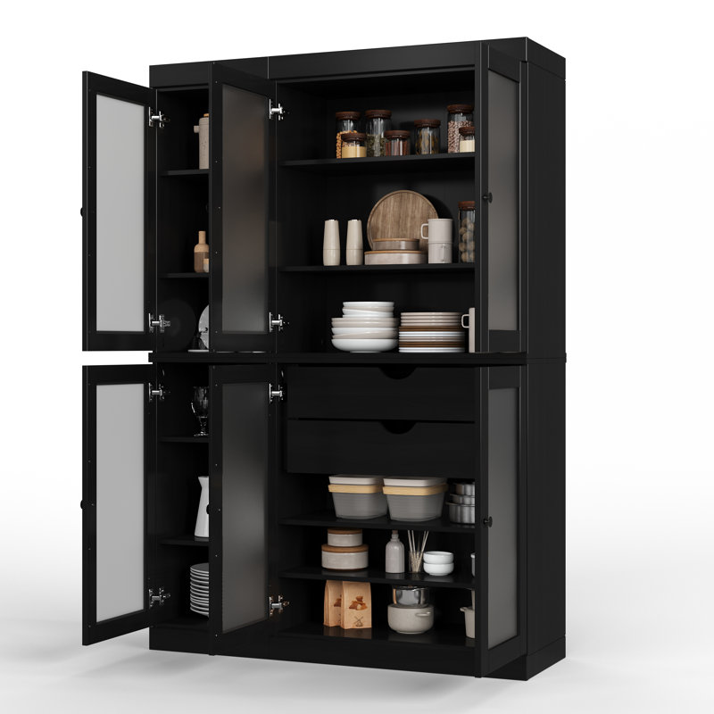 100% Solid Wood 48.5" Pantry Cabinet with Frosted Glass Doors, 2-Drawers and Adjustable Shelves, Black