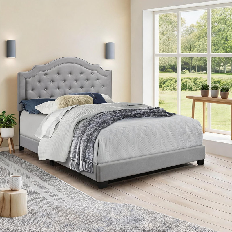 Lit plateforme sous-lit en lin gris avec rangement et rangement sous le lit, Queen