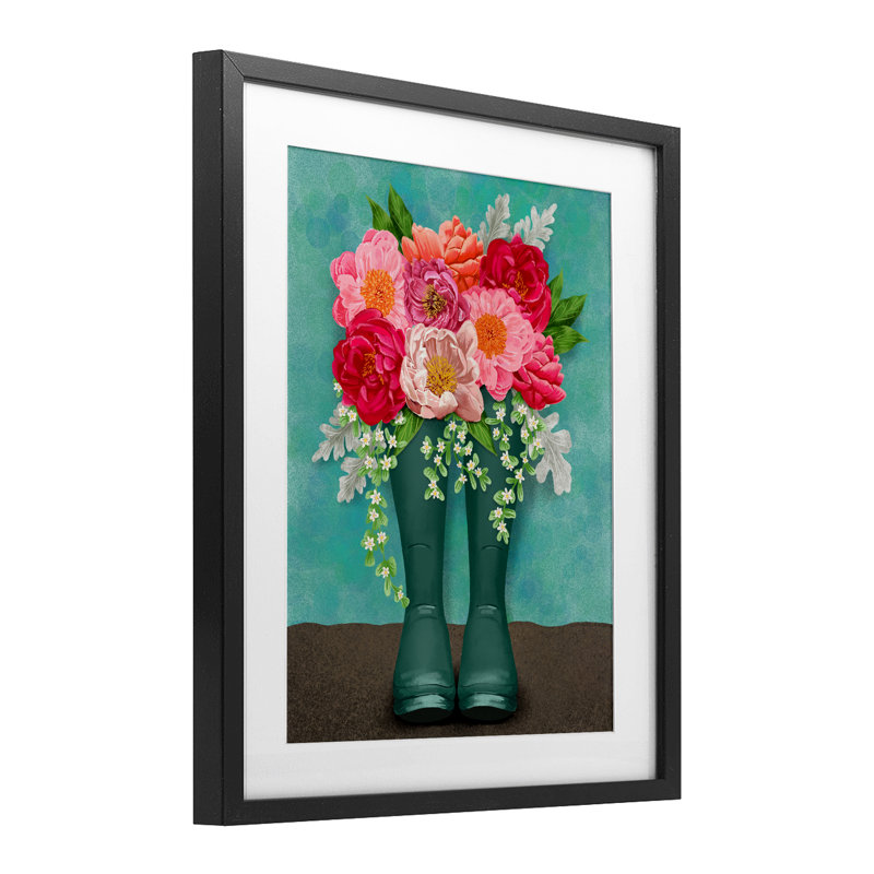 «Peony Rain Bottes», reproduction sous verre encadrée, conception de Jilly Jack Designs, Cadre noir minuit, H 16 po x l 13 po