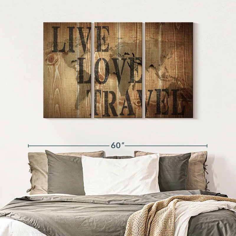 Carte de voyage sur toile Live Love, ensemble de 3 pièces, H 32 po x l 50 po x P 1,25 po