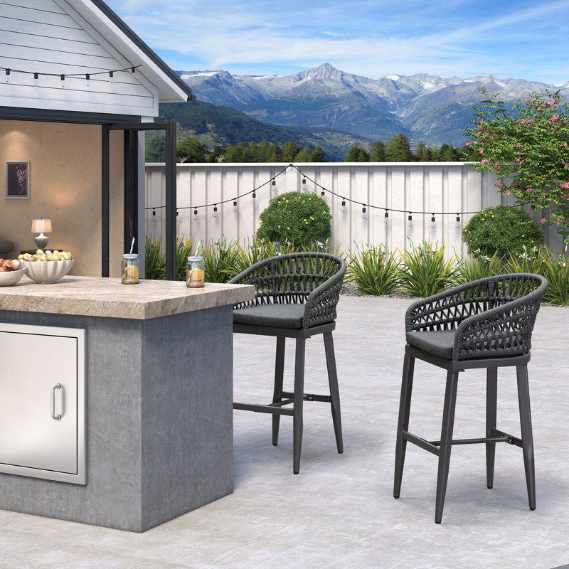 Purplr Leaf Patio Bar Stools Chair Set Of 2, Rattan And Aluminum Frame With Stain-resistant Cushion, Gray