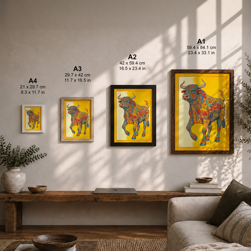Patterned Bull Boho - Print, A2 - 59.4 x 42.0 cm, Walnut
