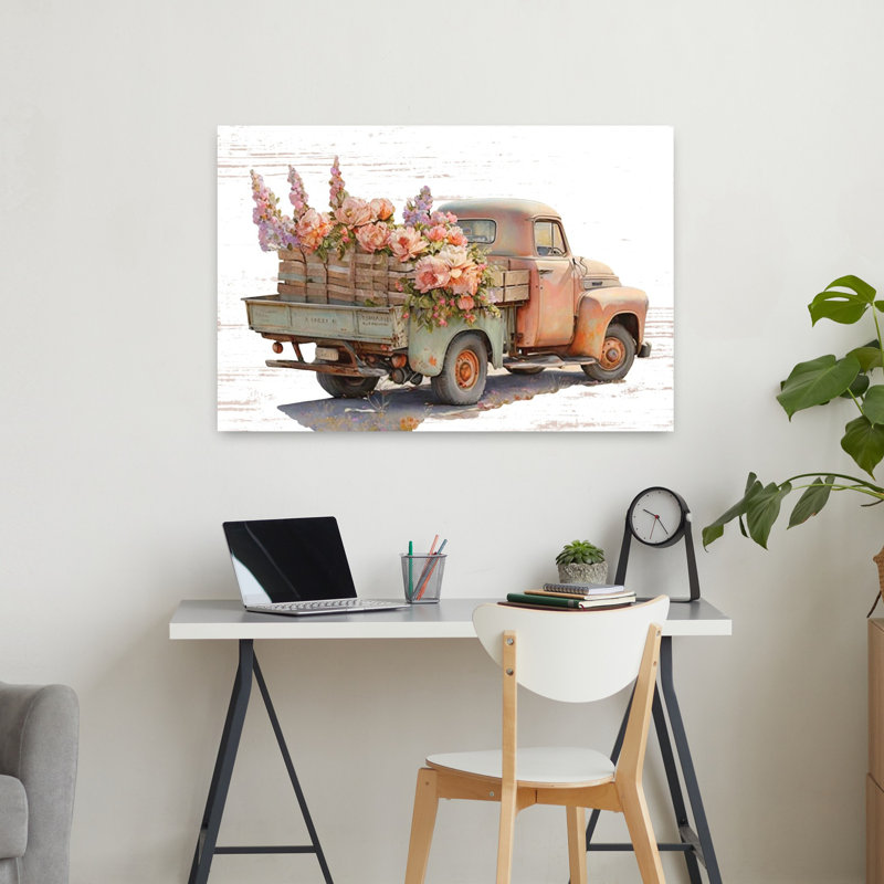 Art rétro de camion de fleurs rétro V, H 24 po x l 36 po