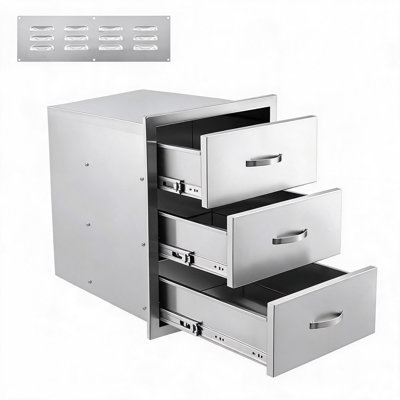 Tiroirs de cuisine extérieure Enjyam en acier inoxydable à 3 niveaux – Tiroirs de rangement triples encastrés avec poignée et panneau d'aération, 35,6 cm L x 58,4 cm P x 53,3 cm H – Emballage en carton ondulé à 7 plis avec panneau d'aération