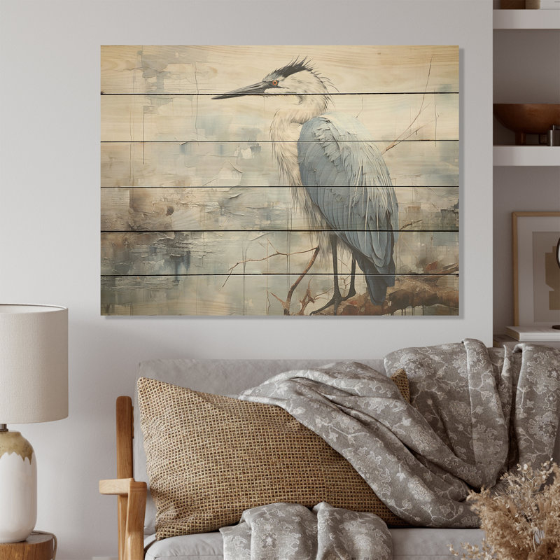 Grand héron bleu en harmonie Miminale I - Héron, art mural sur bois de pin naturel, H 24 po x l 32 po