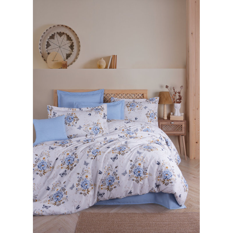 Premium 100% Cotton Ranforce Double Quilt Cover Set, Blue & White & Brown, 78.7 x 78.7 inches | 140 Thread Count, Button Closure Duvet & Envelope Pillowcases (2 Pieces), Machine Washable for Easy Care