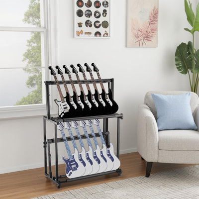 Adjustable 14-Holder 2-Tier Multi Guitar Stand–Folding Metal Floor Rack with Soft Sponge Padding,Detachable Double Layer Display for Electric,Acoustic,Bass,Ukulele–Ideal for Home,Studio,Stage,Black
