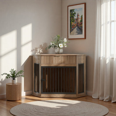 Corner MDF Dog Crate Furniture For Small/Medium Dogs, Decorative Dog Kennel End Table With Fluted Drawer Storage, Modern Space-Saving Dog Cage Cabinet For Home Décor Indoor