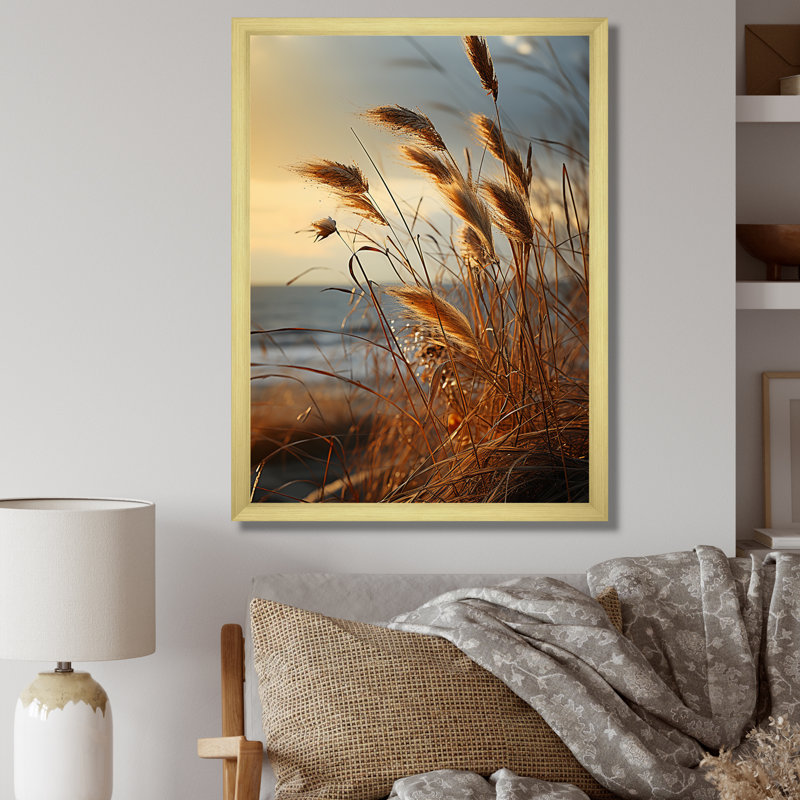 Beachgrass Sunset Nature Herbs - impression, Cadre photo argenté, H 32 po x l 16 po