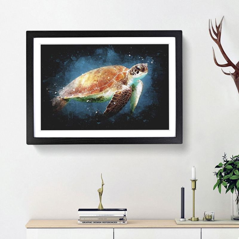 Sea Turtle In The Blue Ocean - Picture Frame Graphic Art, 24cm H x 33cm W x 2cm D, Black Framed