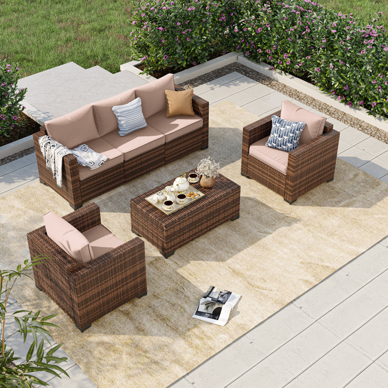 4-Pieces Wide Armrest Outdoor Sectional Rattan Conversation Set with Storage Table., Beige