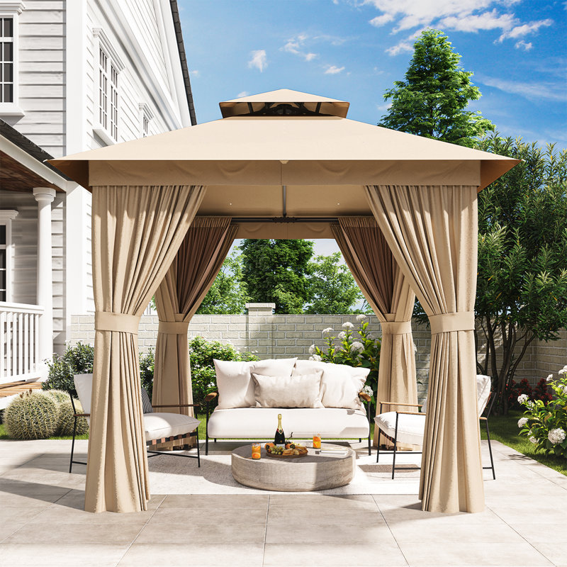 Outdoor Gazebo With Double Roof, Spacious Canopy With Netting & Curtains,  For Patio, Lawn & Backyard, Beige