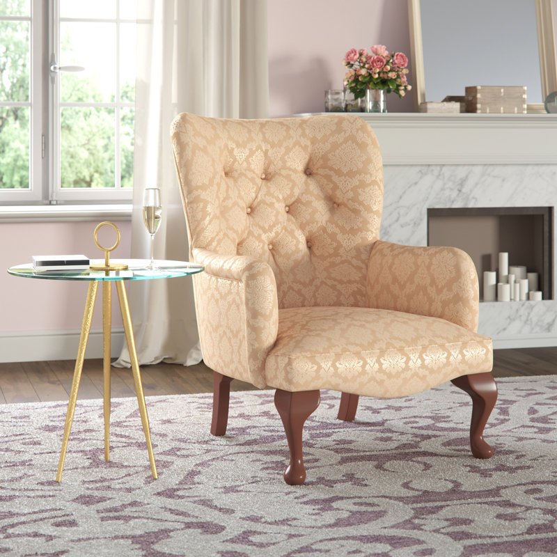 Loretta Upholstered Wingback Chair, Mahogany, Angelina Ivory Pattern