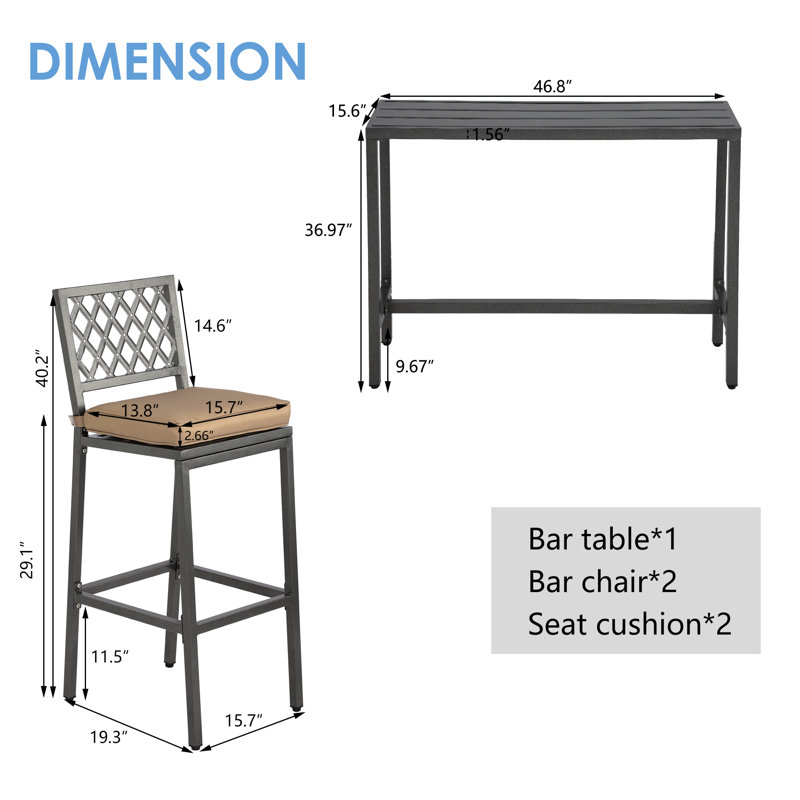 2 - Person Patio Dining Set with Rectangular Table , Cushions Included, Gray, 46.8" L x 15.6" D x 36.97" H