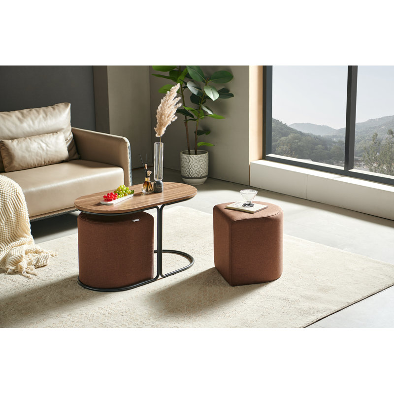 Mira 17.7" High Modern Oval Wooden Coffee Table  with 2 Hidden Stools