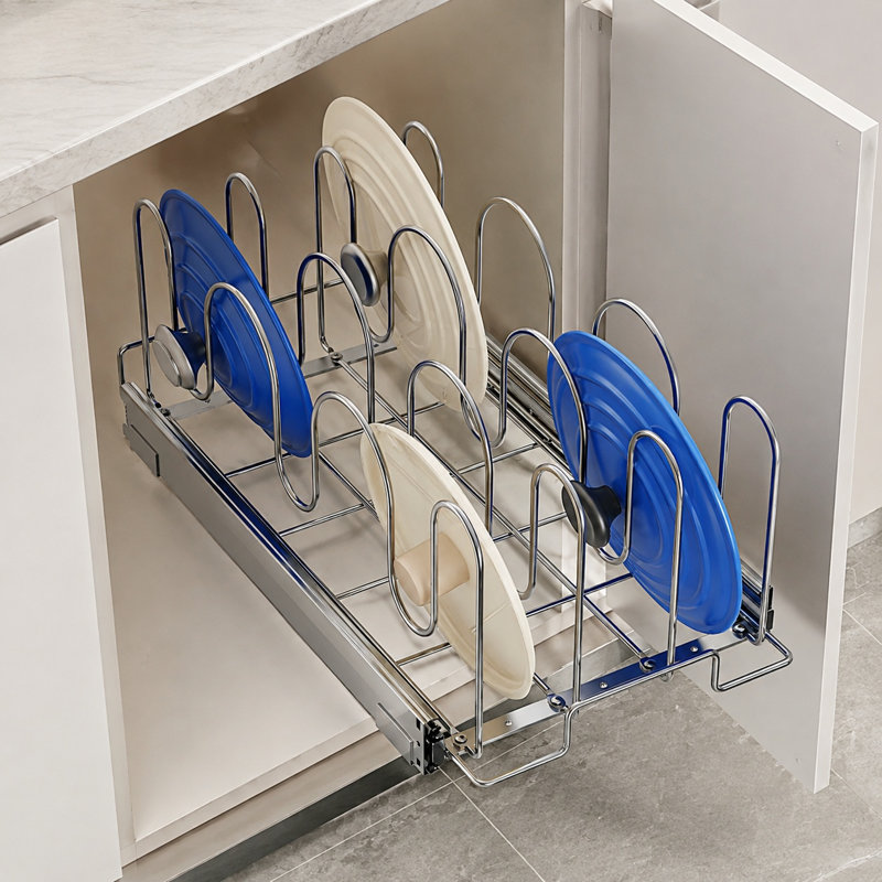 Organisateur de couvercles et de casseroles escamotables pour armoire, support en métal de 21 pouces, argent