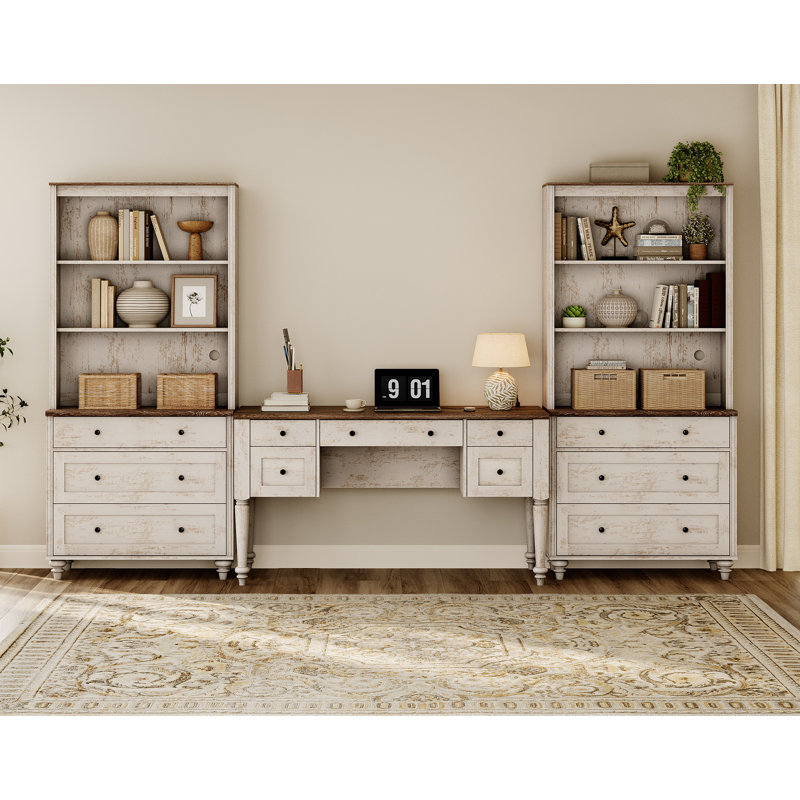 2 Piece Office Set, 56" Executive Desk & Set Of 2 Bookcases With Drawers, Oak, Walnut/Rustic White