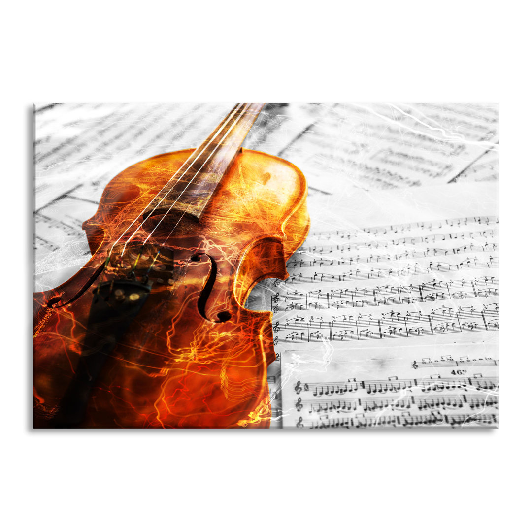 Glasbild Violine auf Notenpapier