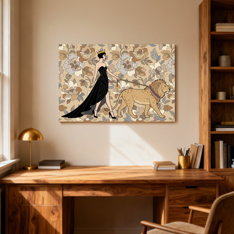 Animaux, fond floral, reine avec lion, H 12 po x l 18 po