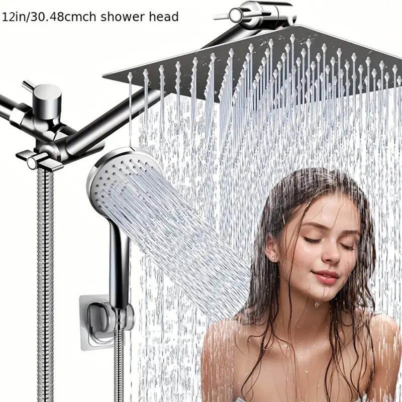 Shower Head Combo 12Inch High Pressure Rain Shower Head with 11 Inch Adjustable Extension Arm and 3 Settings Handheld Shower Head Combo with Long Hose