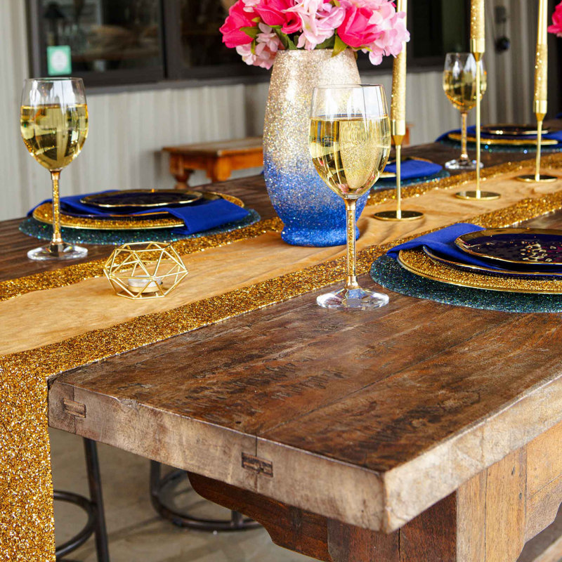 Gold Polyester Velvet Table Runner with Rhinestone Border