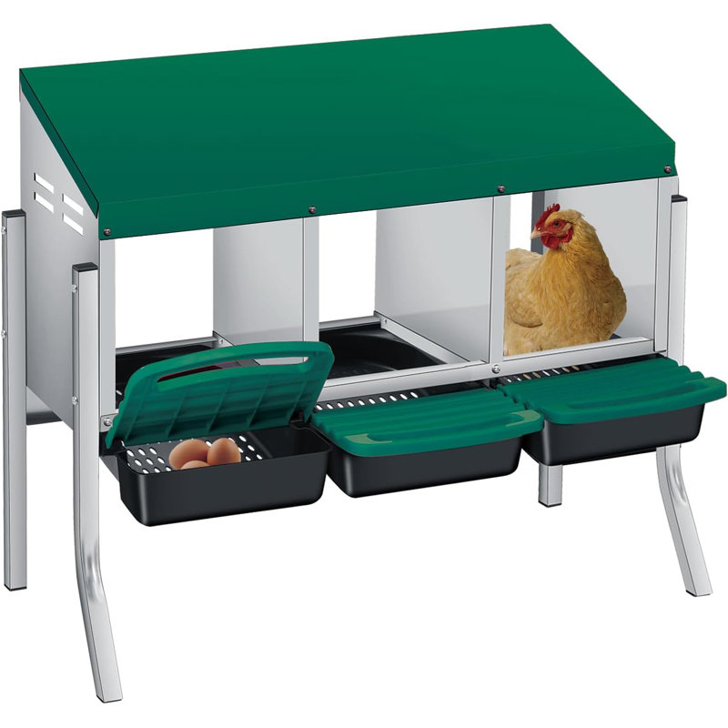 Boîtes de nidification de poulet avec pattes, boîte de ponte en acier galvanisé résistant aux intempéries à 3 trous avec perchoir à poignée et collection automatique d'œufs à enroulement, facile à nettoyer et à assembler rapidement pour le poulailler