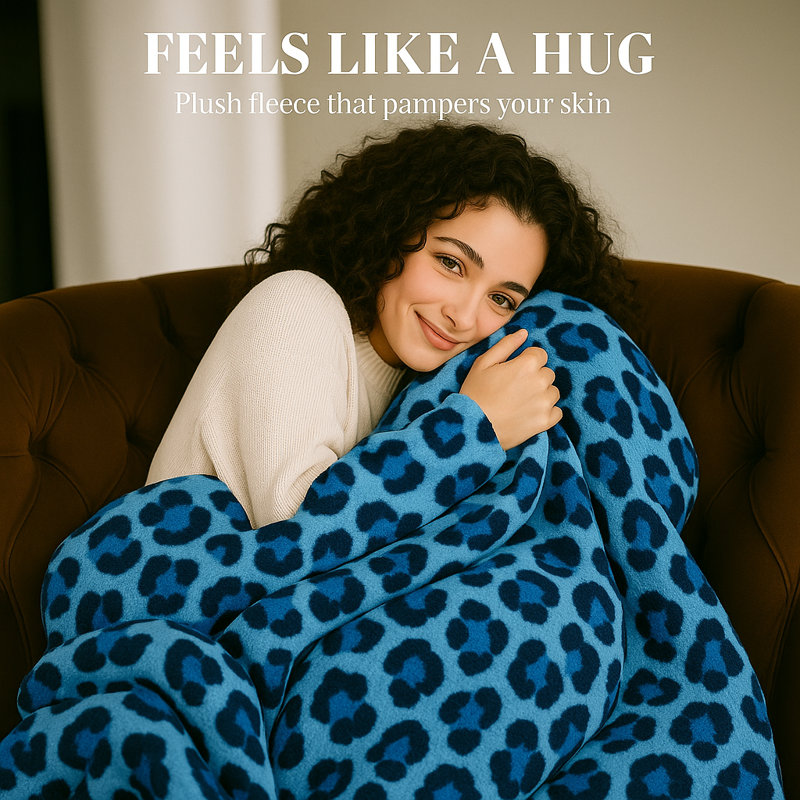 Silky Floral Plush Blanket, Korean Mink Style, Heavy 5lb Queen Blanket, Blue Leopard