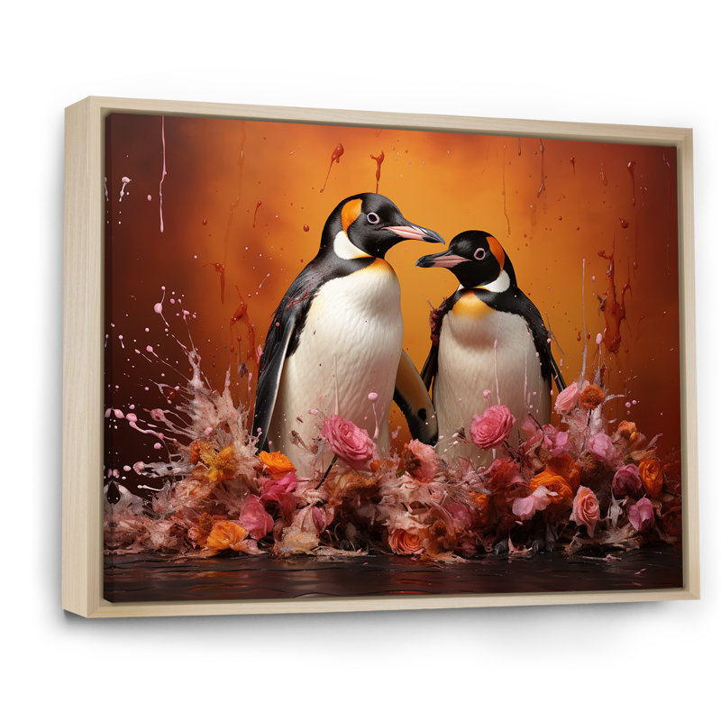 Flower Couple Penguins World, Cadre flottant naturel, H 24 po x l 32 po x P 1 po