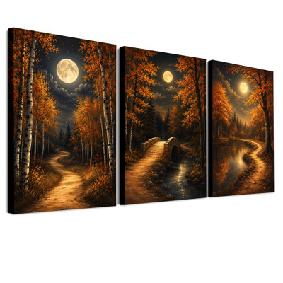 "Autumn Forest Path" et pont en pierre, ensemble de 3 toiles d'art
