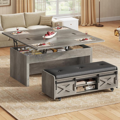 Table basse relevable avec banc de rangement, table de salle à manger convertible de style ferme pour 4 à 8 personnes avec compartiments dissimulés et porte coulissante de style grange, grise
