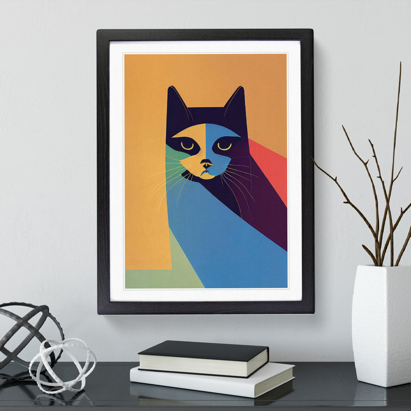 Colourful Cat No.1 Abstract - Single Picture Frame Painting, Black, 64cm H x 46cm W x 2cm D