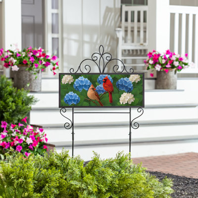 Cardinal Couple Among Hydrangea PVC Horizontal Yard Sign, 20in x 8in