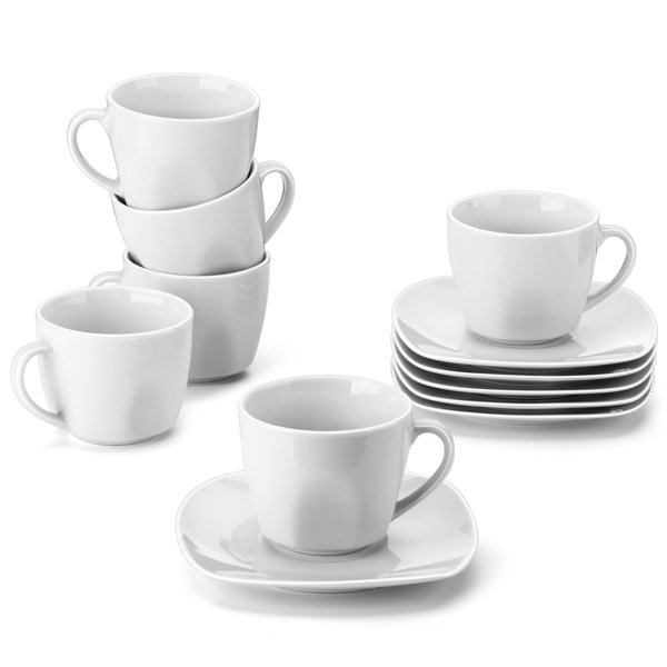 Cappuccino Mugs with Saucers Set of 4 - 8oz - Vanilla White