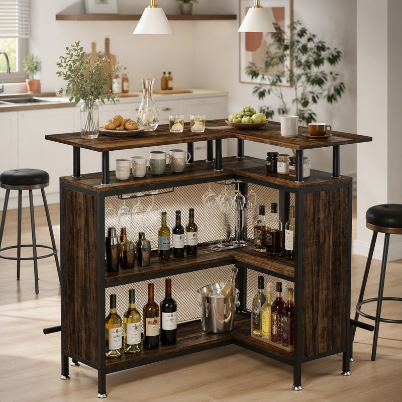 Table de bar en forme de L avec porte-verres et tablettes
