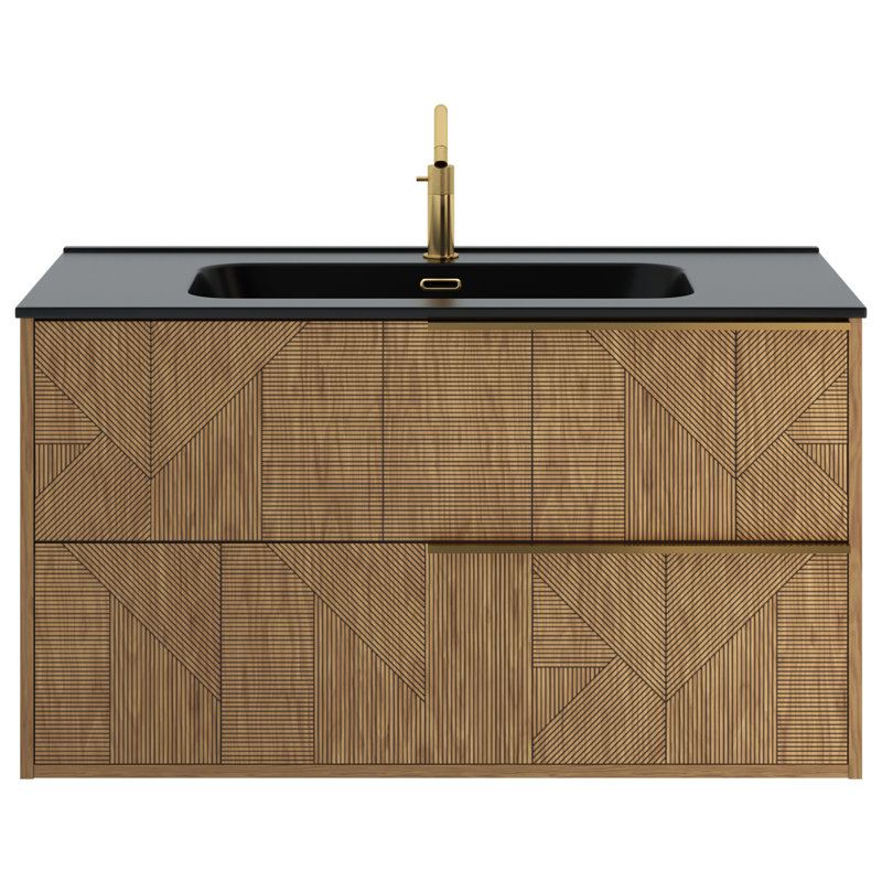 Kora Geo 24" Fluted Wall-Mounted Single Bathroom Vanity with Integrated Ceramic Top & Handles, Gold, 40"