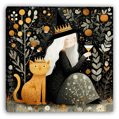 «Golden Night Witch and Cat», art mural sur toile tendue